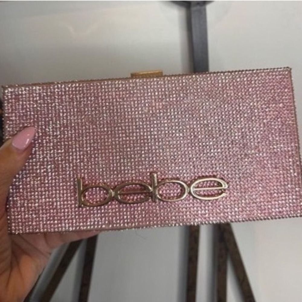 Bebe Pink Rhinestone Minaudiere Clutch Bag Gold Logo Crystal Evening Box Purse